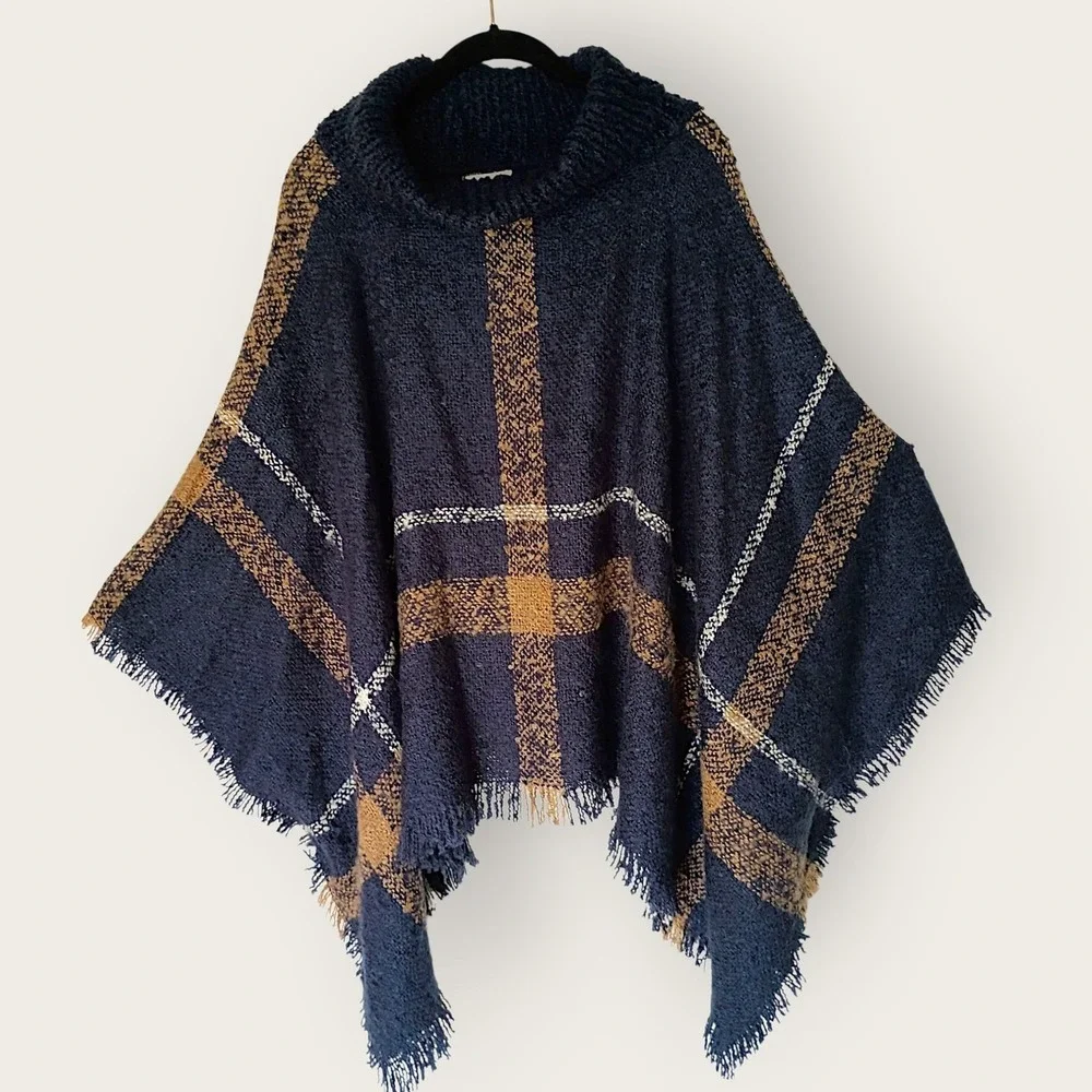 World Market Plaid Cowl Neck Fringe Poncho Navy Mustard Women One‎ Size